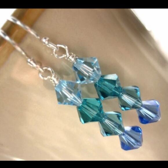 Caribbean Teal Blue Swarovski Crystal Beaded Sterling Silver Dangle Earrings - Picture 2 of 4